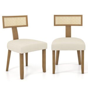 Set of 2 Linen Fabric Upholstered Accent Dining Chairs with Curved Rattan Backrests-Beige - Color: Beige