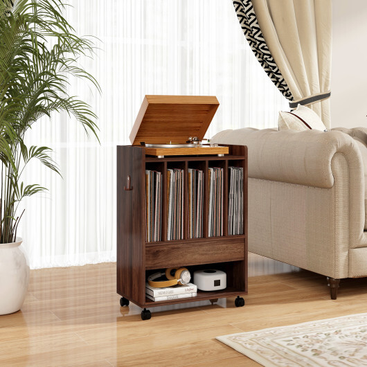 Record Rolling Turntable Player Stand with Drawer-Brown - Color: Brown - Image 2