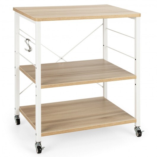 3-Tier Kitchen Baker's Rack Microwave Oven Storage Cart with Hooks-Light Brown - Color: Light Brown