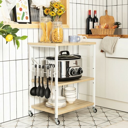 3-Tier Kitchen Baker's Rack Microwave Oven Storage Cart with Hooks-Light Brown - Color: Light Brown - Image 2