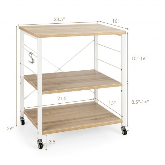 3-Tier Kitchen Baker's Rack Microwave Oven Storage Cart with Hooks-Light Brown - Color: Light Brown - Image 4