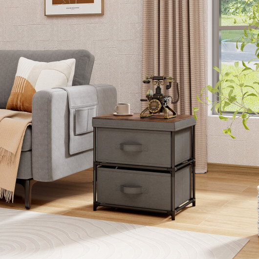 2-Drawer Nightstand with Removable Fabric Bins and Pull Handles-Gray - Color: Gray - Image 2