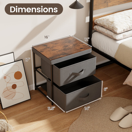 2-Drawer Nightstand with Removable Fabric Bins and Pull Handles-Gray - Color: Gray - Image 4