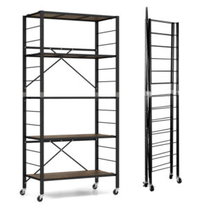 5-Tier Foldable Shelving Unit with Detachable Wheels and Anti-Toppling System-Black - Color: Black