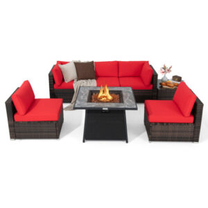 7 Pieces Patio Furniture Set with 35 Inches 50000 BTU Propane Gas Fire Pit Table and Waterproof Cover for Firpit-Red - Color: Red