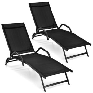 2 Pieces Outdoor Chaise Lounge with 5-Position Adjustable Backrest-Black - Color: Black