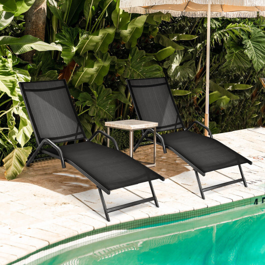 2 Pieces Outdoor Chaise Lounge with 5-Position Adjustable Backrest-Black - Color: Black - Image 2