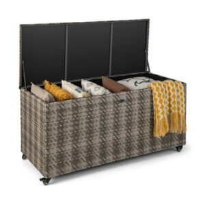 96 Gallon PE Wicker Outdoor Storage Box with 4 Wheels-Gray - Color: Gray