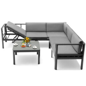 3 Pieces Aluminum Patio Furniture Set with 6-Level Adjustable Backrest-Gray - Color: Gray