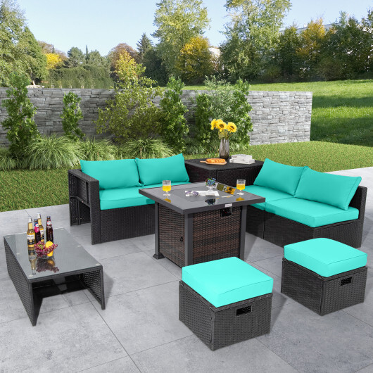 9 Pieces Patio Furniture Set with 32" Fire Pit Table and 50000 BTU Square Propane Fire Pit-Turquoise - Color: Turquoise - Image 2