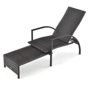 Patio Chaise Lounge Outdoor Rattan Lounge Chair with Retractable Ottoman - Color: Brown