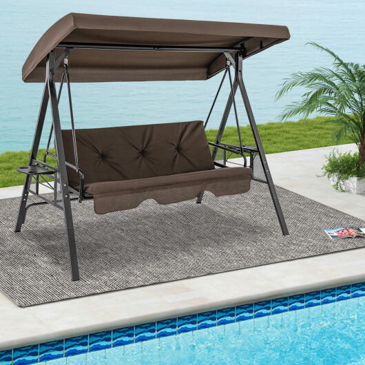 Convertible 3-Seat Patio Porch Swing Chair to Flat Bed with Adjustable Canopy-Brown - Color: Brown - Image 2
