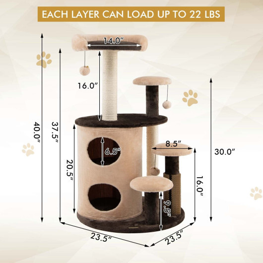 40 Inch Cat Tree Tower Multi-Level Activity Tree with 2-Tier Cat-Hole Condo-Brown - Color: Brown - Image 4
