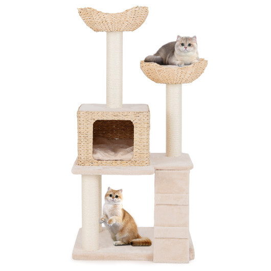 48 Inch Cattail Cat Tower with Sisal Scratching Posts Perch and Condo-Beige - Color: Beige