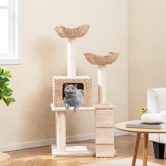 48 Inch Cattail Cat Tower with Sisal Scratching Posts Perch and Condo-Beige - Color: Beige - Image 2