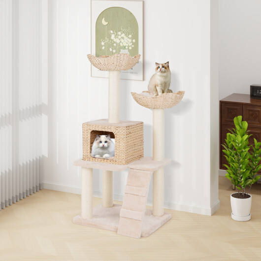 48 Inch Cattail Cat Tower with Sisal Scratching Posts Perch and Condo-Beige - Color: Beige - Image 3