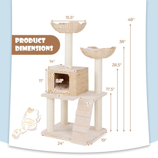 48 Inch Cattail Cat Tower with Sisal Scratching Posts Perch and Condo-Beige - Color: Beige - Image 5