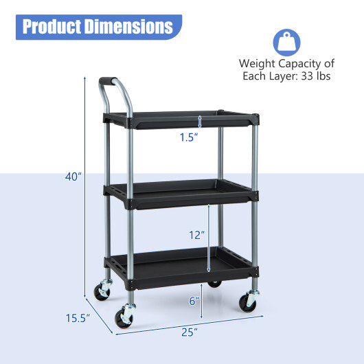 3 Layer Tool Cart with PP Shelves Sponged Handle and Swivel Wheel-Black - Color: Black - Image 5