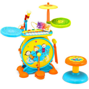 2-in-1 Kids Electronic Drum and Keyboard Set with Stool-Blue - Color: Blue
