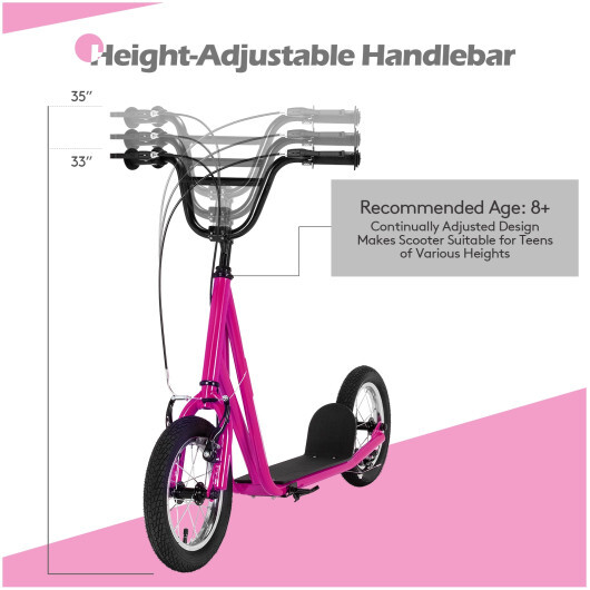 Height Adjustable Kid Kick Scooter with 12 Inch Air Filled Wheel-Pink - Color: Pink - Image 4