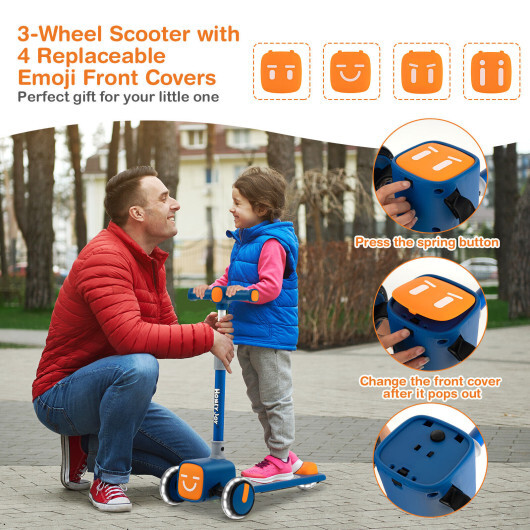 Folding Adjustable Kids Toy Scooter with LED Flashing Wheels Horn 4 Emoji Covers-Blue - Color: Blue - Image 3