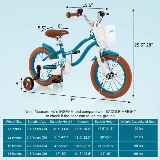 12 Inch Kids Bike Adjustable with Removable Basket for 3-4 Years Old-12 inches - Color: Turquoise - Size: 12 inches - Image 4